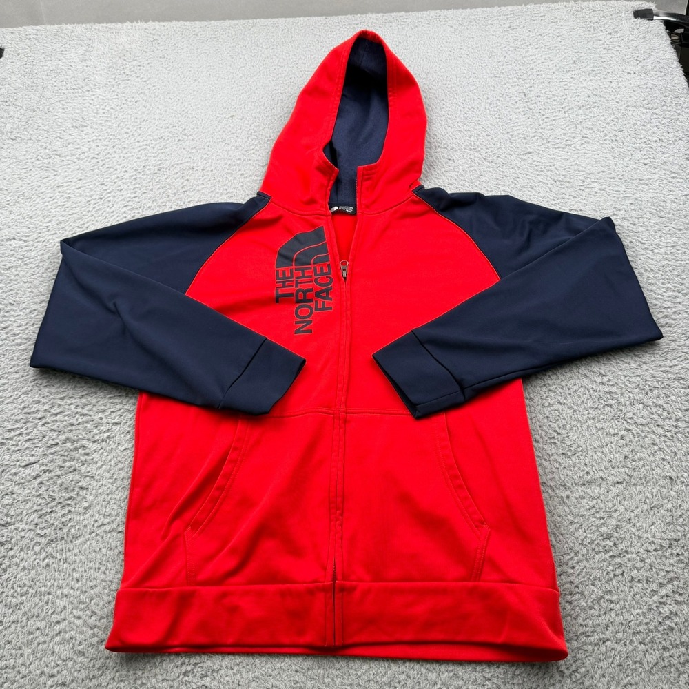The North Face Hoodie Boys XL Red Navy Full Zip Fleece Logo Sweatshirt Hood